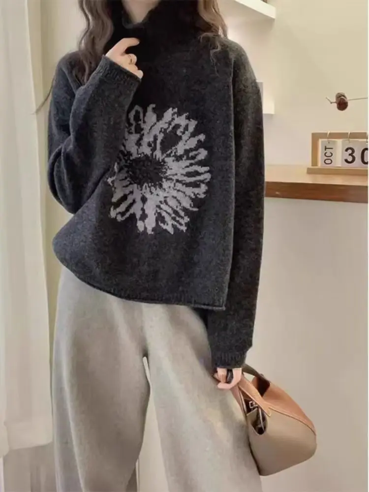 Koreanischen Stil Rollkragen Jacquard Gestrickte Pullover 2025, Herbst Winter Frauen Solide Pullover Weibliche Weiche Pullover Casual Bottom Shirt