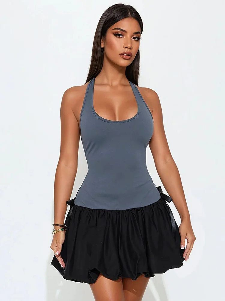 Sisterlinda Summer Release Junior Fashion Mini Sexy High Street Dress M25D68289 Girl Solid Halter Slim Cleavage Backless Robe