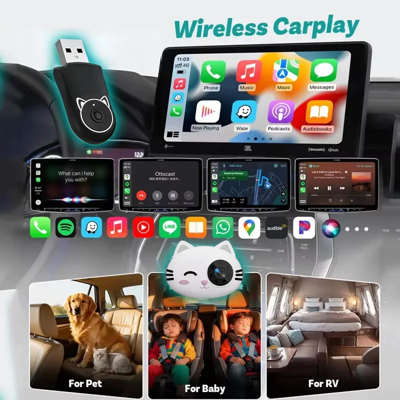 Adaptador Inalámbrico CarPlay Cabin Care con Cámara Trasera 1080P y 150° de Visión °   Visión Nocturna Gran Angular para Niños y Mascotas para Benz Toyota VW