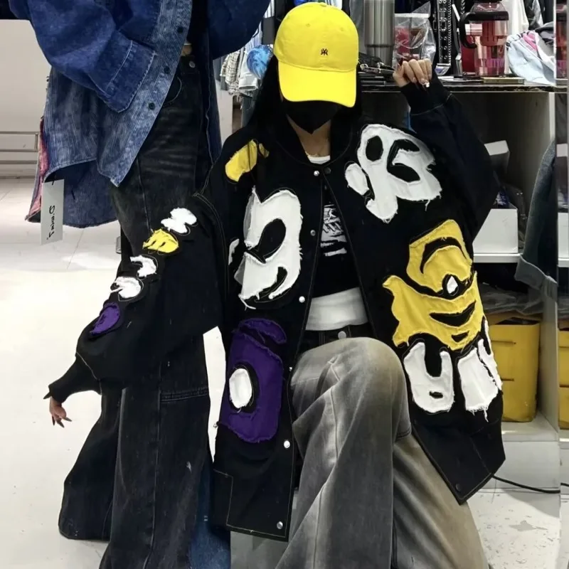 

Cartoon Mickey Patch High Quality Motorcycle Jackets for Women Loose Youth Trend Mickey Embroidered Couple Coats Spring Autumn