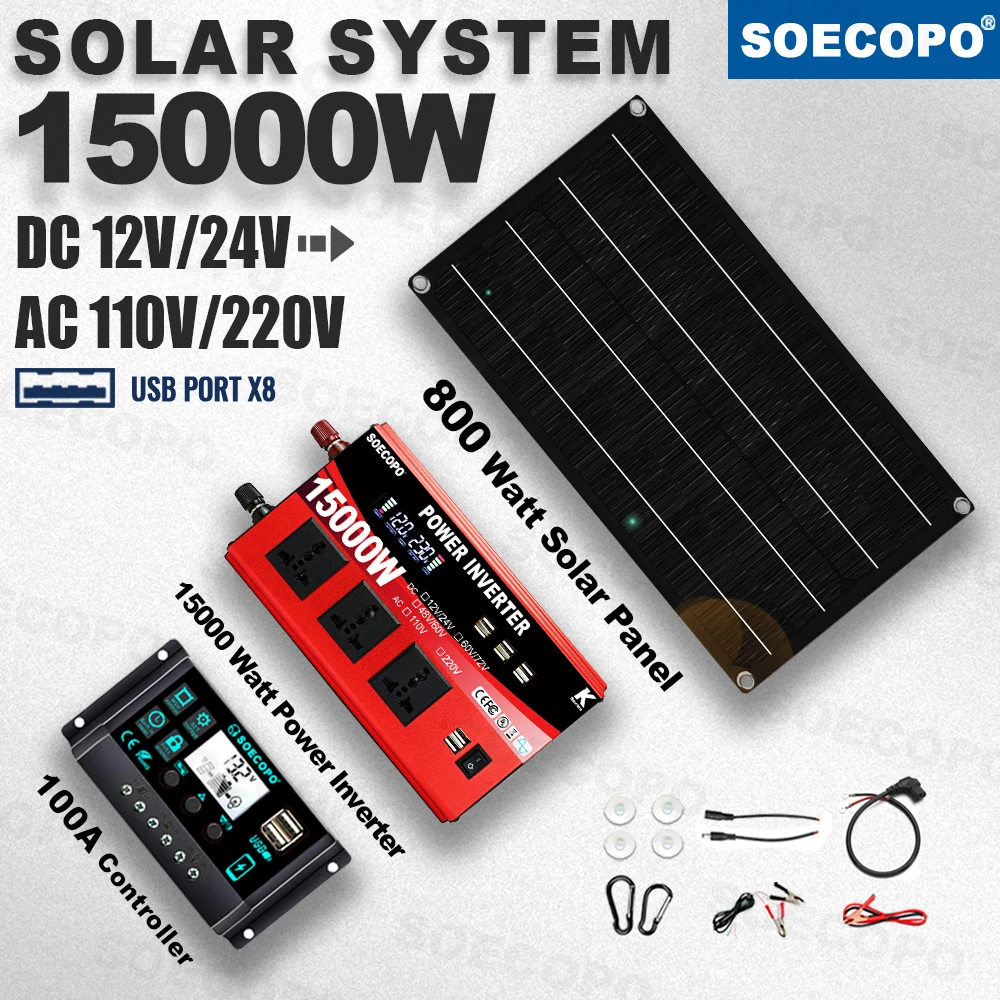 15000W Peak Solar System Kit 800W Panel 100A Controller 12V/24V To 110V 220V Inverter Generator 8USB Ports for Camp Home charger