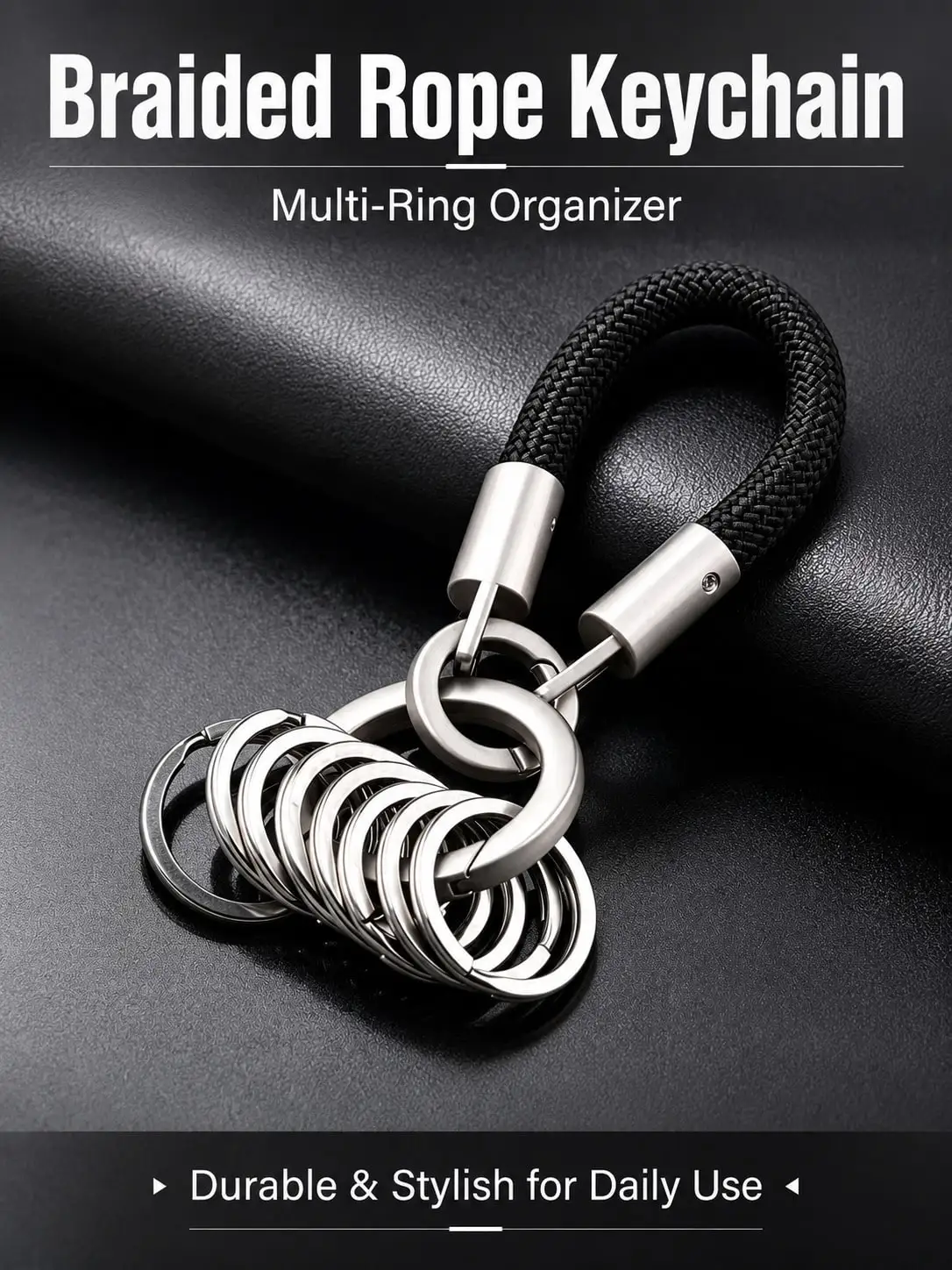 Braided Rope Keychain with Multi-Ring Organizer, Durable Metal Split Rings for Car Keys & Backpack, Stylish Daily Use Gift
