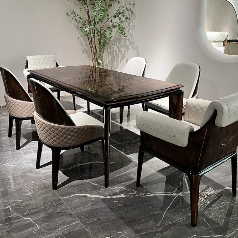

Italian light luxury solid wood dining table and chairs, luxury villa rectangular dining table in stock