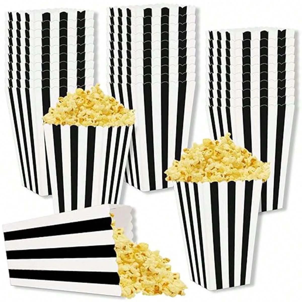 Mini caixa de pipoca listrada preta e branca, recipiente de papel, adequado para festa, decoração de filmes, batismo, caixa descartável de lanche de pipoca