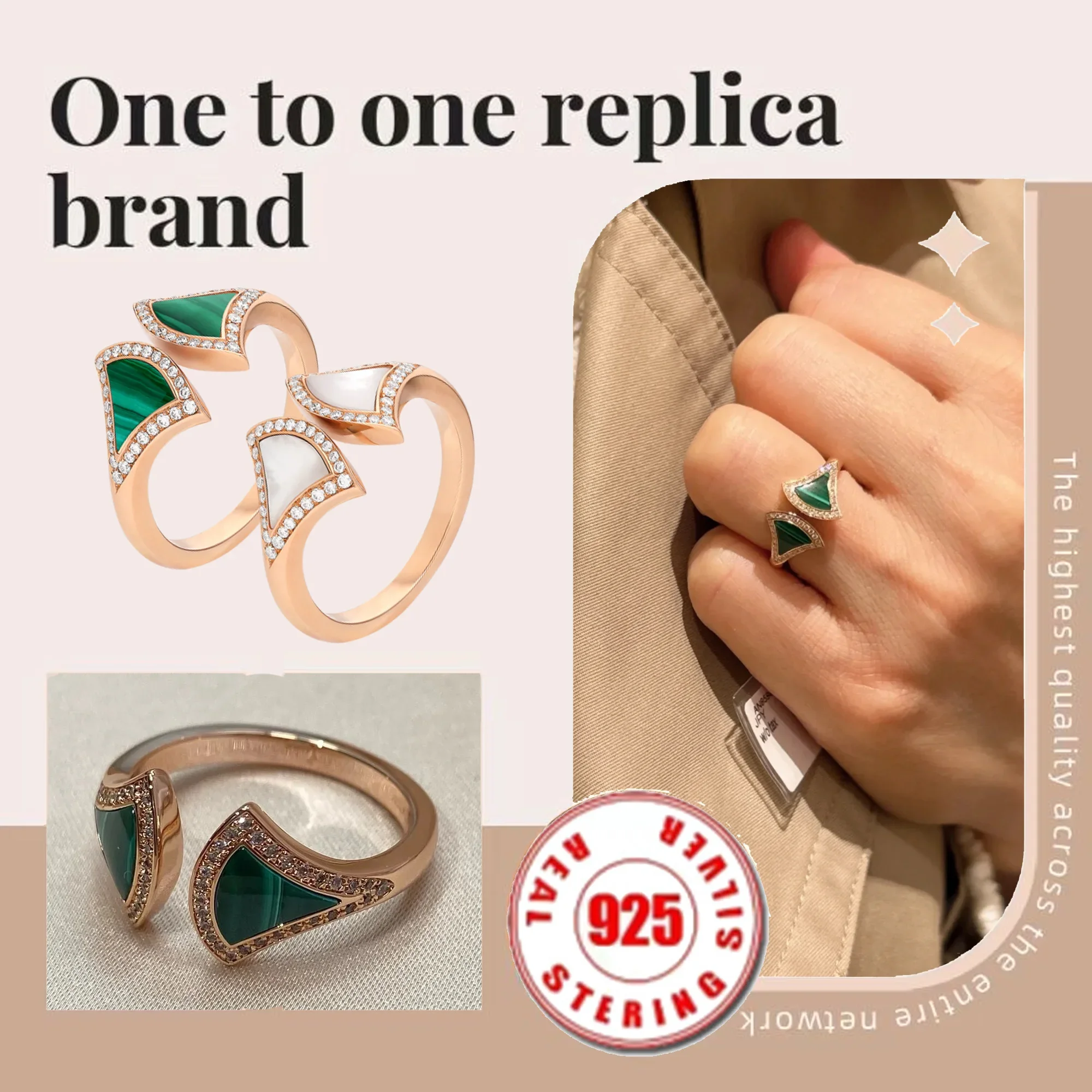 Unique edge inlaid with diamonds, peacock stone fan-shaped contour pure silver s925 classic BV personalized women's gift ring