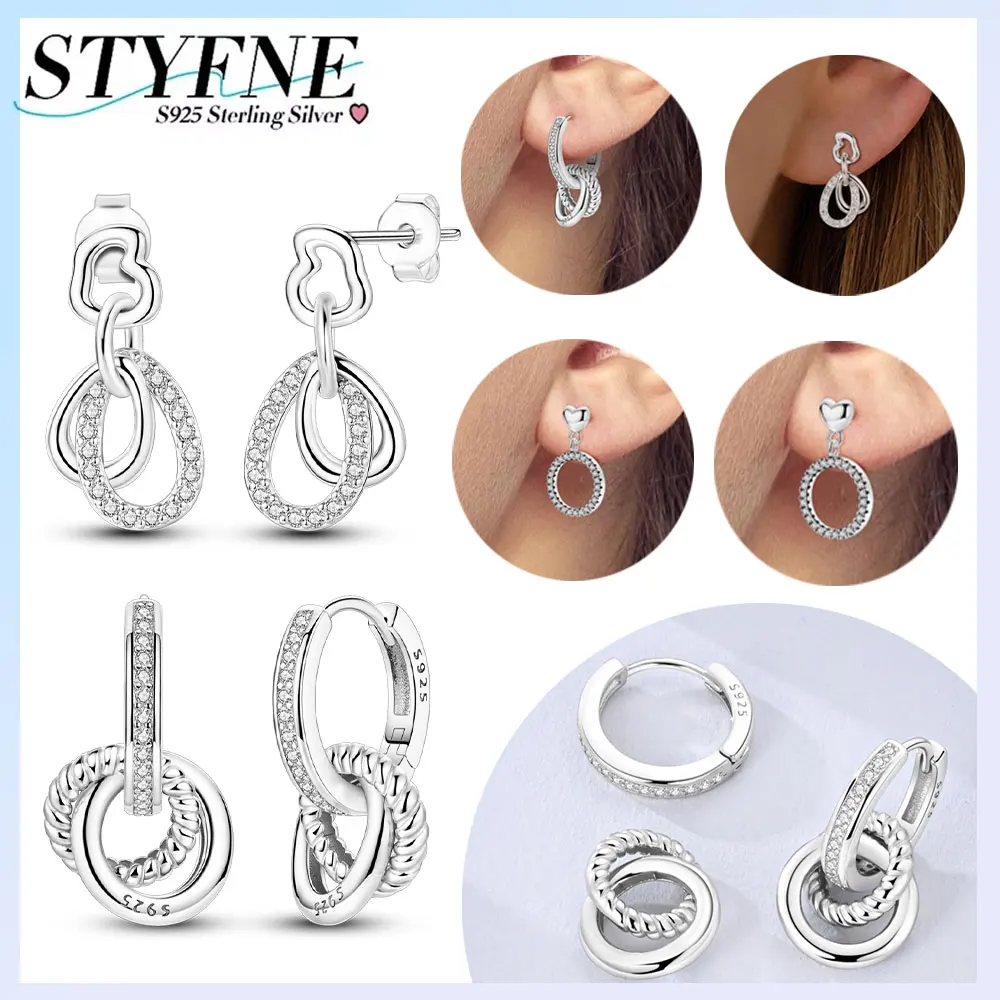 

Серебро 925, весеннее кольцо с тремя кольцами, комбинация блестящих сердечек, серьги-кольца для женщин, вечерние, прекрасный подарок