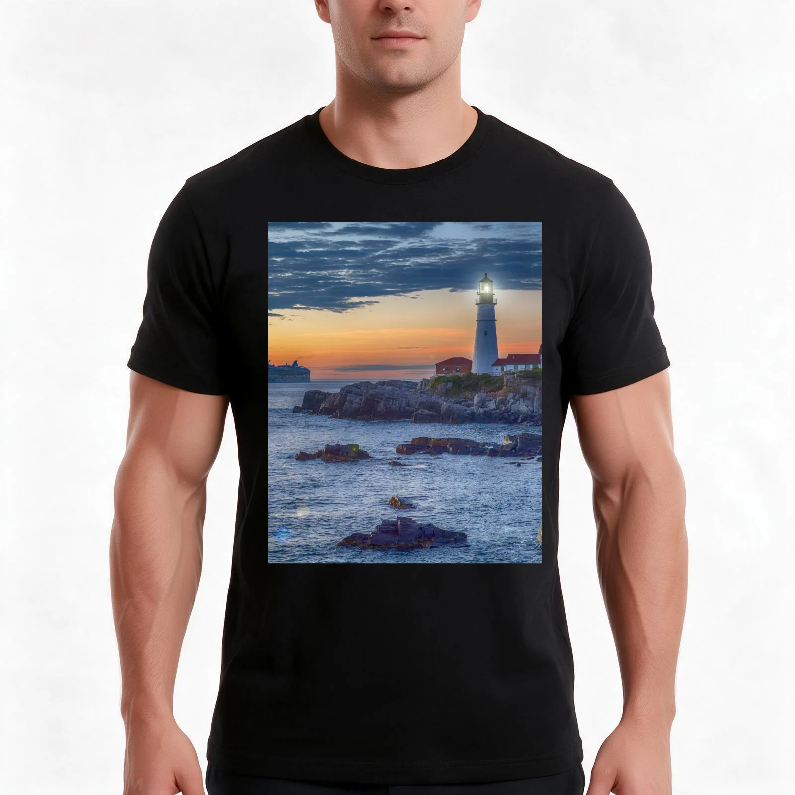 Portland Maine Coastal Lighthouse Sunset T-Shirt Summer Casual Cotton Tee Oversized Streetwear Tops Vintage Graphic Print