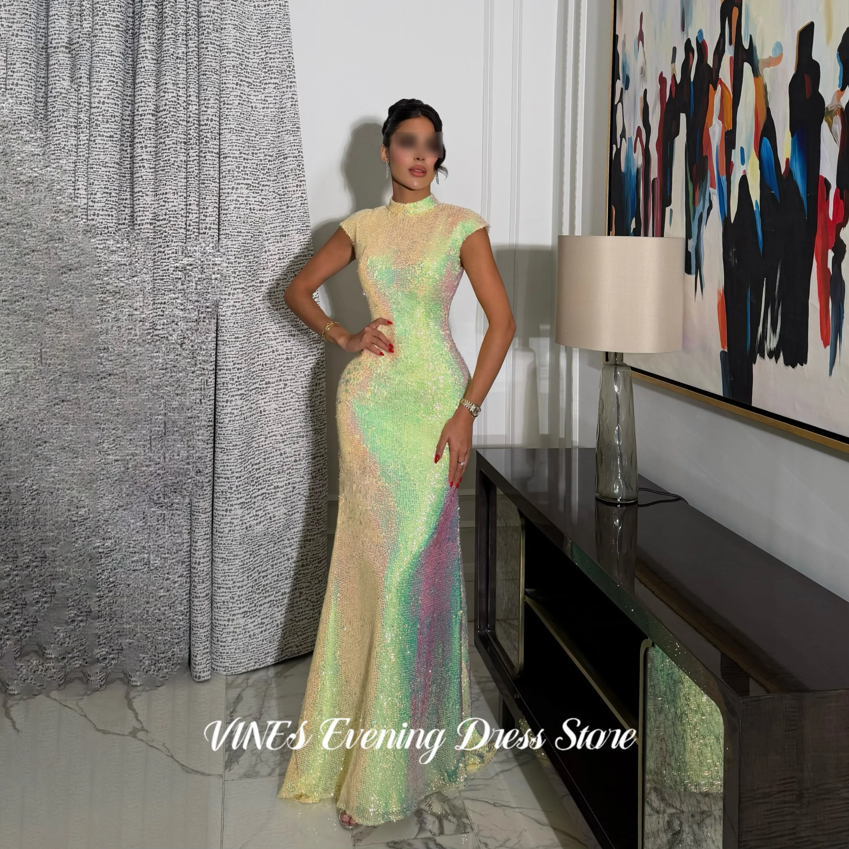 VINES Fabulous Iridescent Rainbow High Neck Mermaid Evening Dress Sequin Cap Sleeve Shimmer Long Prom Party Formal Customized