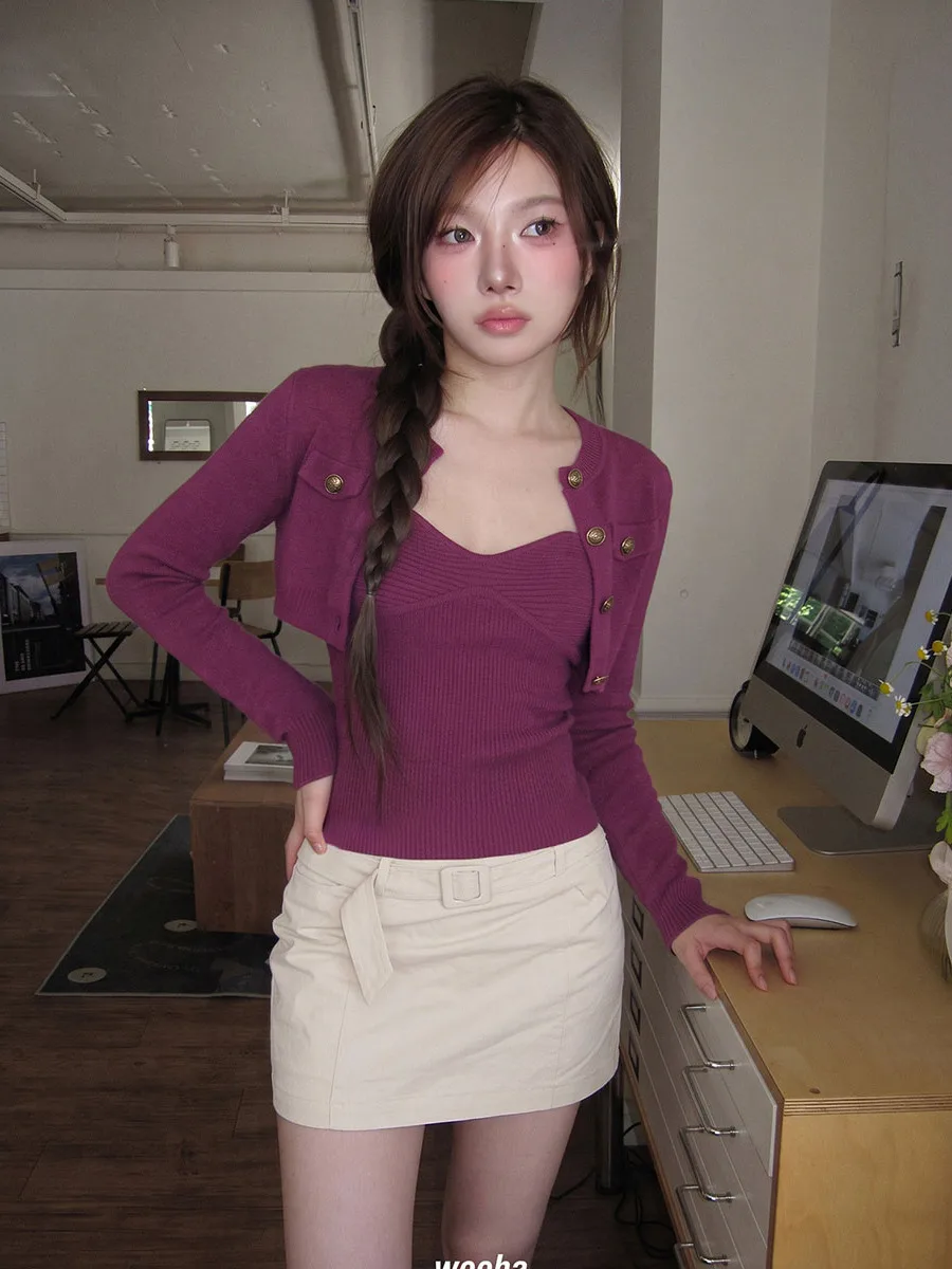 Korean Chic Knitted Cardigan Sweater Women Early Autumn Wear Inner Short Top Two-Piece Set Breathable V-Neck Long Sleeve Jacket