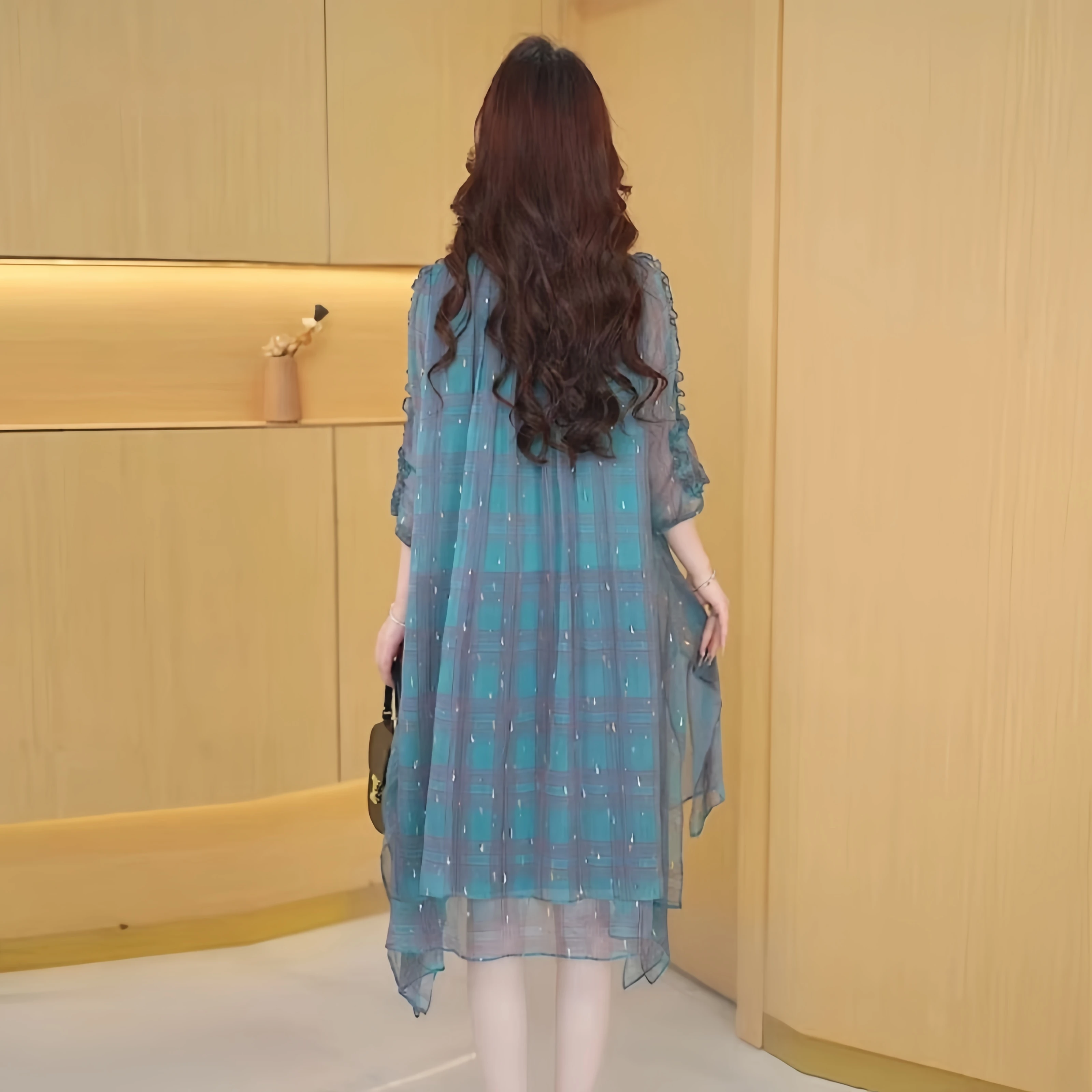 Ombro arco rendas designer chiffon impressão em camadas maxi vestido verão gola solta elegante manga curta midi robe