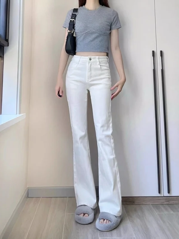 Celana Jeans Wanita Putih Slim Fit High Waist Bell Bot Ukuran Besar Musim Panas Tipis Model Lurus Panjang Menyentuh Lantai