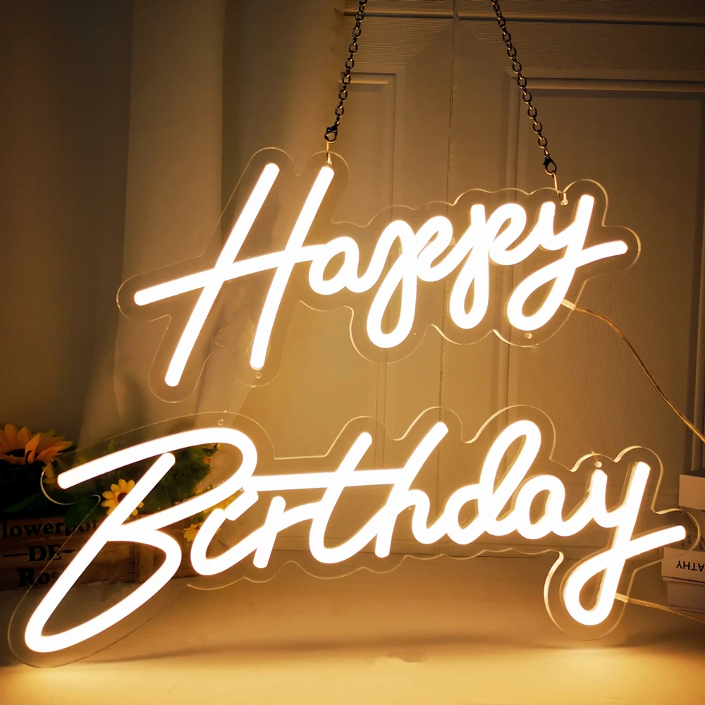 Dimmable LED 'Happy Birthday' Neon Sign in Multiple Sizes 42cm/51cm/76cm with Clear Acrylic Backer - Wall Party Light for Celebr