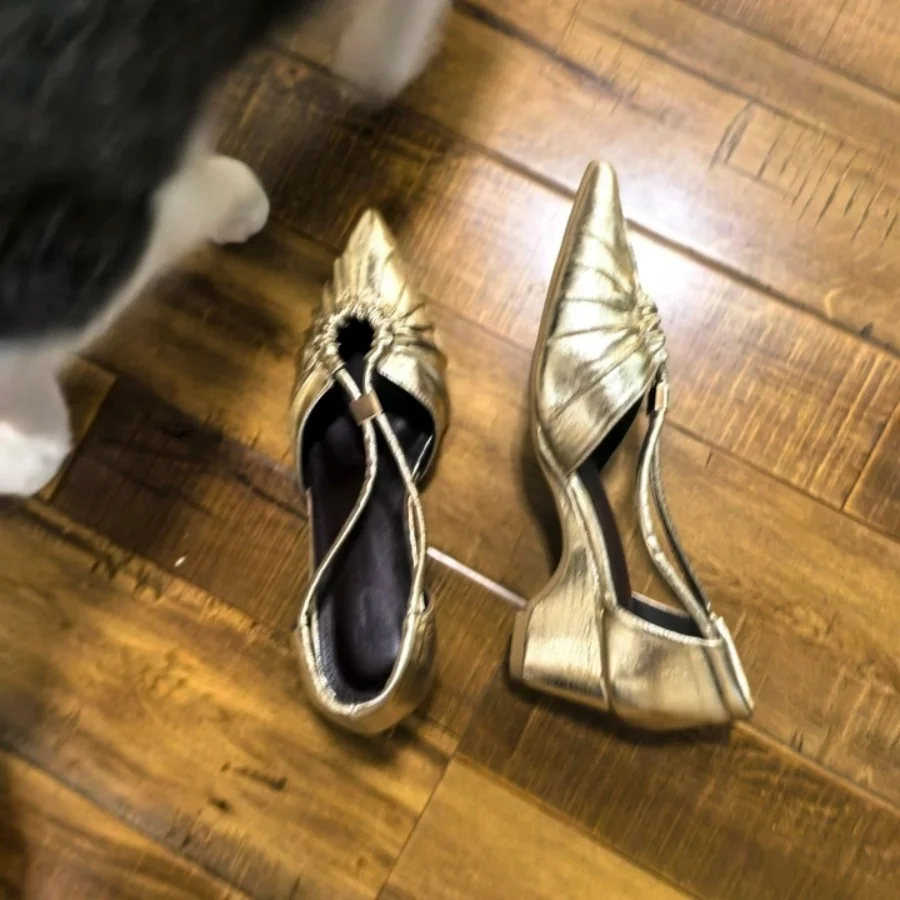 Women Pointed Toe Hollow Out Slingback Sandals Metallic Leather Thick Block Heel Pumps Elegant Summer Backstrap Single Shoes