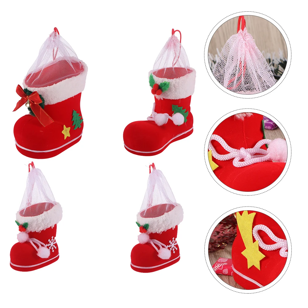 

4 Pcs Large Candy Gift Boots Christmas Goodie Bag Plastic Flocking Xmas Hanging Pendant