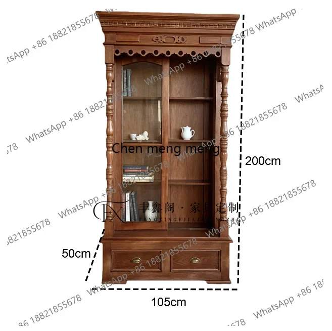 R Medieval solid wood glass bookcase classical retro carving old sliding door storage display cabinet
