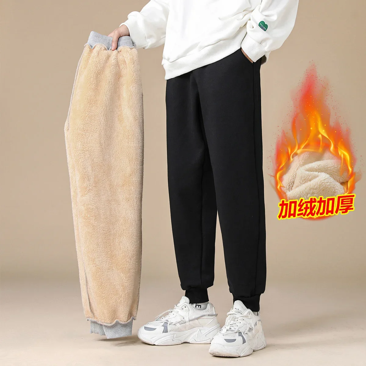 Winter Men's Fleece Jogging Pants Warm Thick Corduroy Cargo Trousers Fashion Korean Casual Harem Sweatpants Streetwear Black