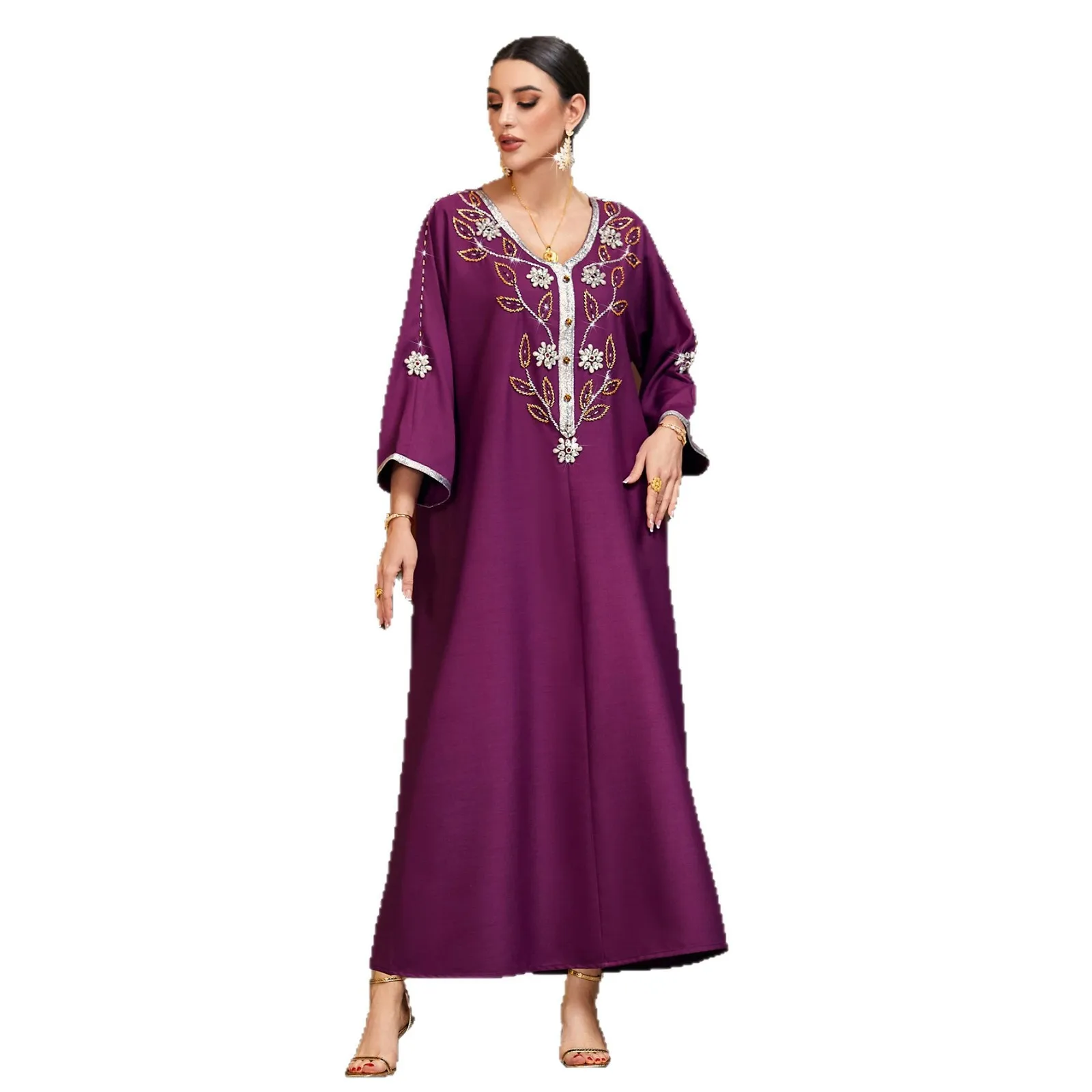 

Elegant Loose Purple Dress Embroidery Rhinestone Decor V Neck Flare Sleeve Abaya Party Gown Ladies Turkey Kaftan Caftan Islamic