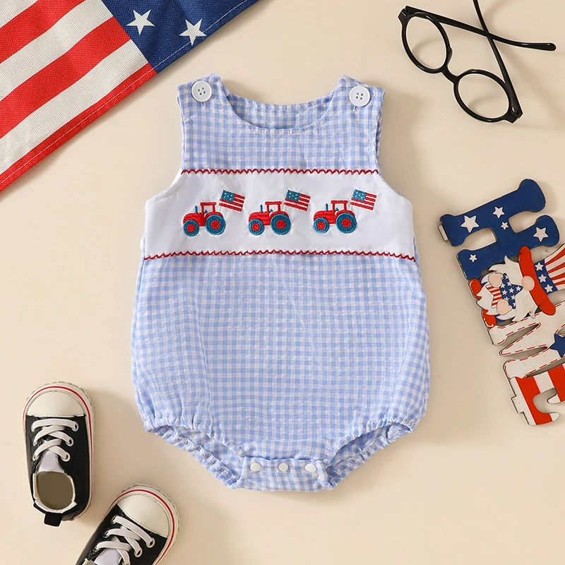 

Baby Boys Rompers Independence Day Clothes Flag Tractor Embroidery Plaid Summer Bodysuit Jumpsuits