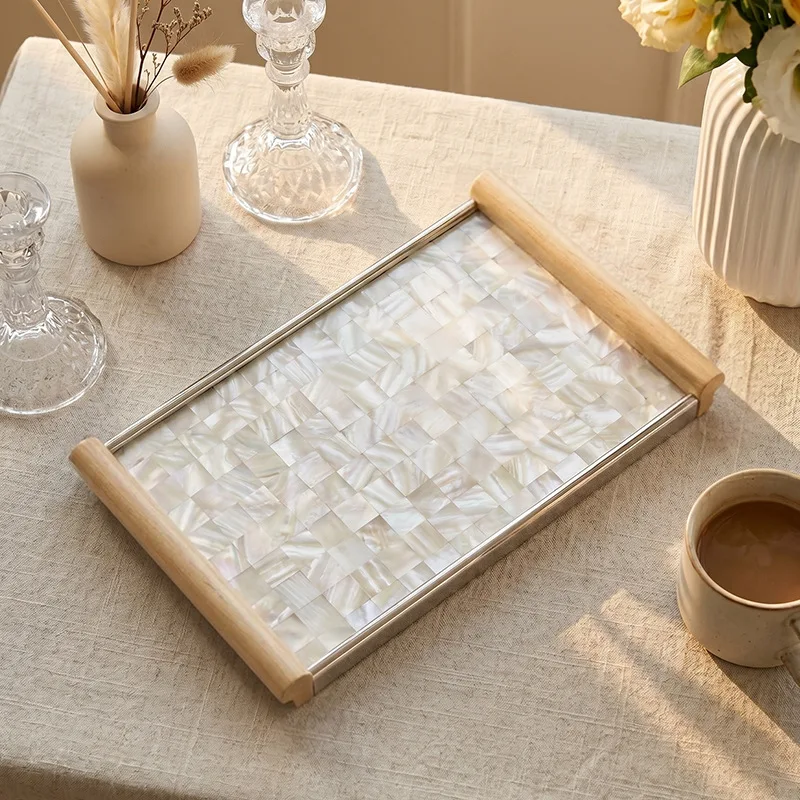 shell inlaid art plate home light luxury jewelry ornament living room decorative tea tray solid wood