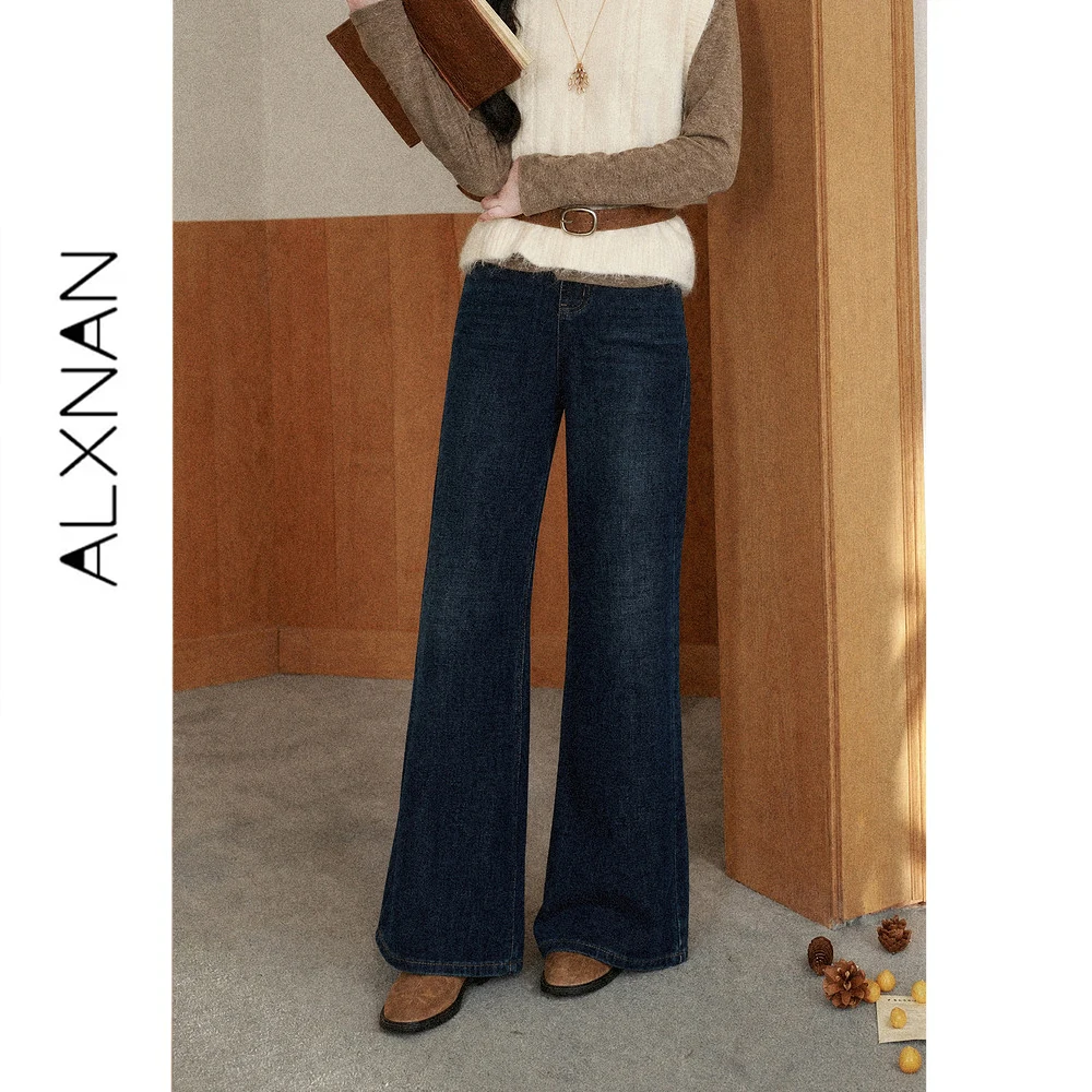 ALXNAN Blue Vintage Jeans for Women Autumn New 2026 Wide-leg Baggy Pants Elegant Casual Female Long Denim Jeans L681163A
