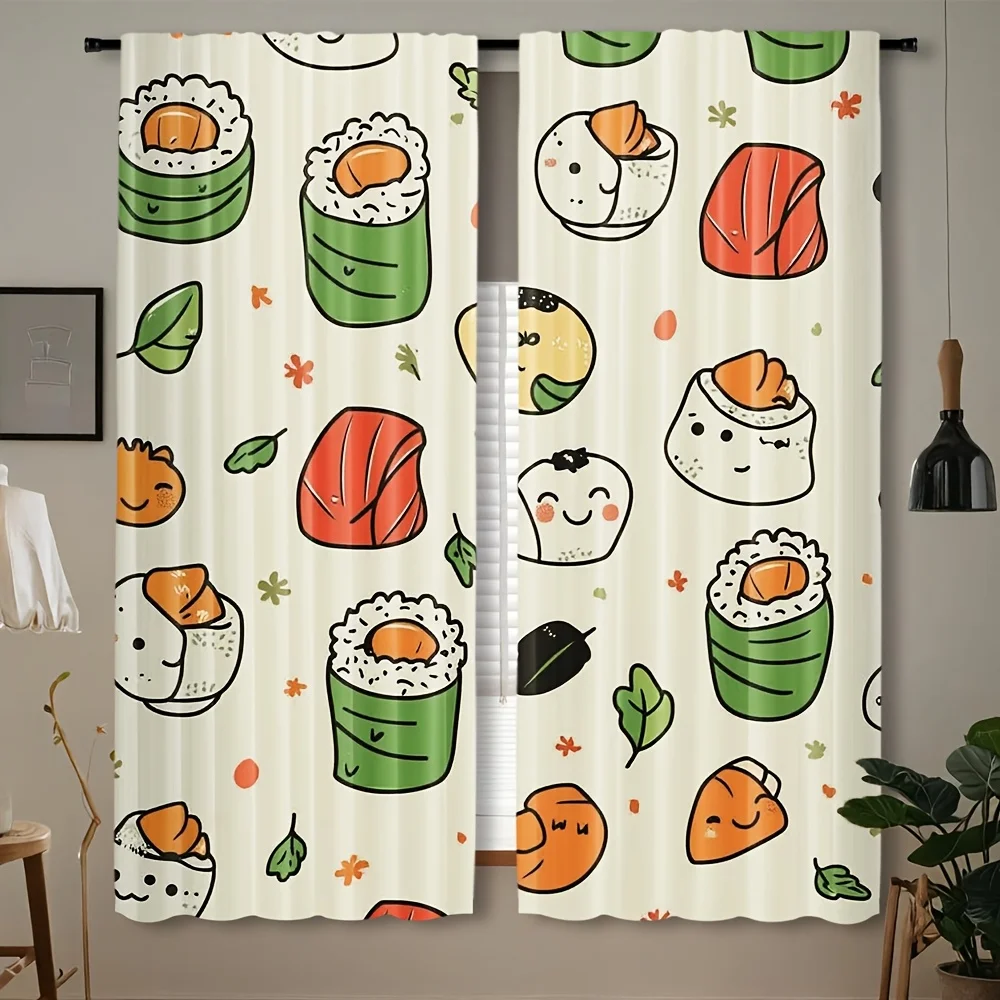 Cute Sushi Pattern Curtains, Kawaii Japanese Food Print Blackout Drapes for Kitchen, Cartoon Seafood Home Decor Window Treatment