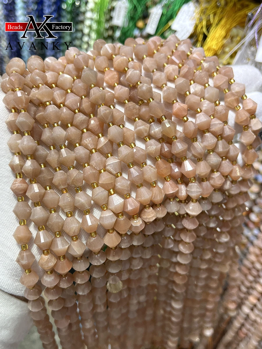 

Natural Orange Moonstone Crystal Round Stone Pyramid Beads Faceted Loose Spacer For Jewelry Making DIY Necklace Bracelet 15''8mm