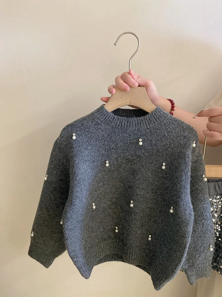 Jupe courte à paillettes avec perles et biscuits pour enfants, pull élégant, vêtements mounommée, nouvelle mode, automne, 2022