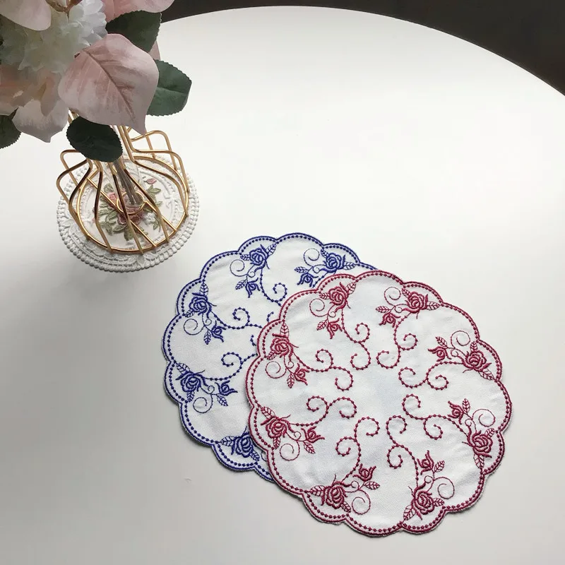 Classical Cotton Embroidery Round 20cm Table Mat Coaster Bar Wine Glass Vase Saucer Pad Holiday Party Wedding Banquet Decoration