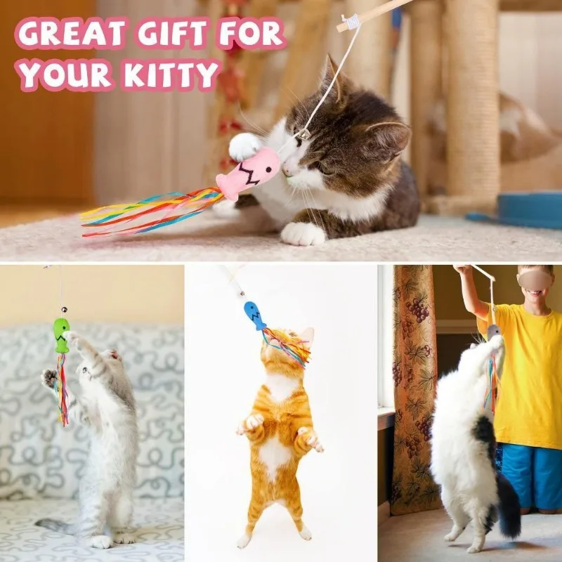 Cat Wand Toys Fish Shape Interactive Colorful Ribbons Bell Toys with Catnip Kitten Teaser Cat String Toy Pet Accessories