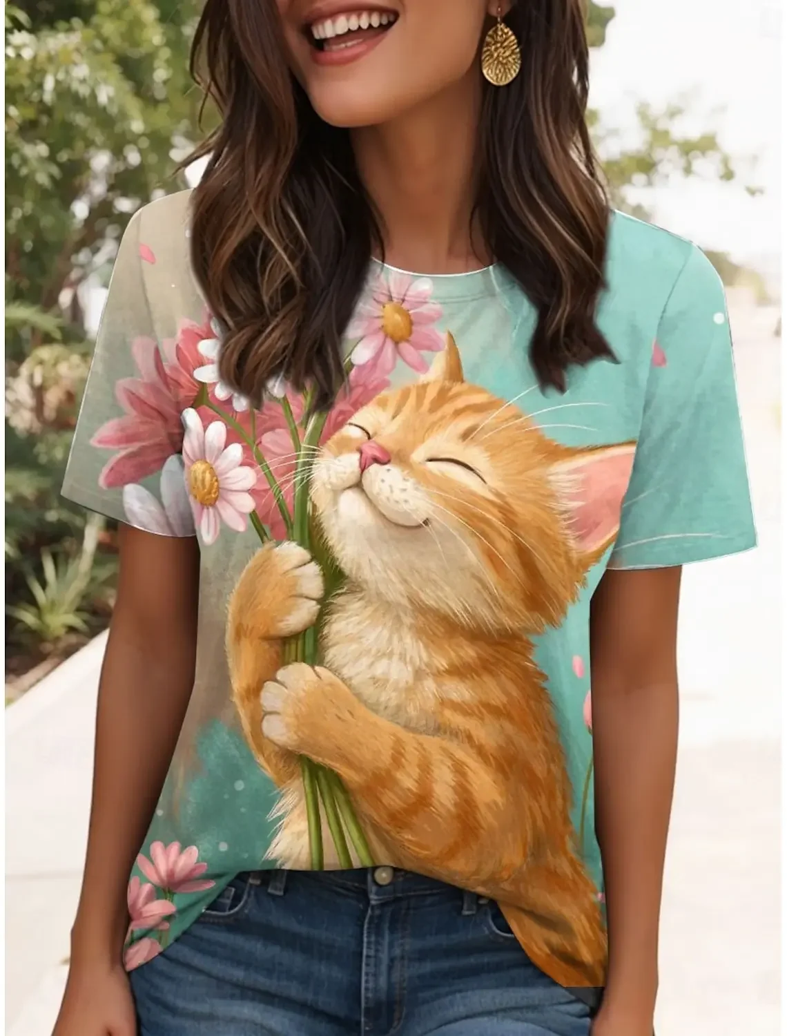 

Женская футболка с рисунком милого кота, летняя новая повседневная футболка с коротким рукавом и круглым вырезом, обычные топы, повседневная одежда с принтом выходного дня