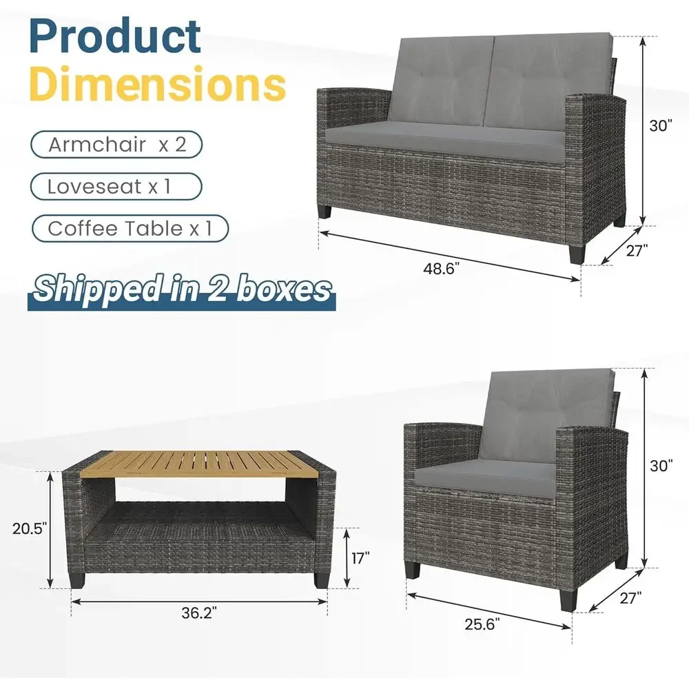 4 Piece Patio urniture Set, Wicker Outdoor Patio Contion urniture Set, All Weather Outdoor Patio Soa with Cushion and Wood Table