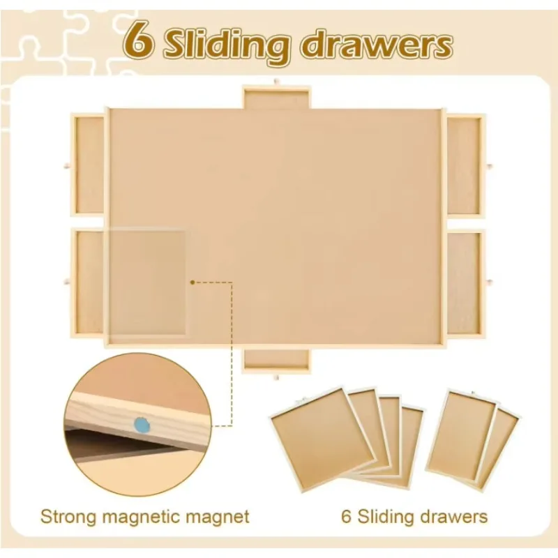 Puzzle display wooden table, six-draw sorting table, foldable and easy to store