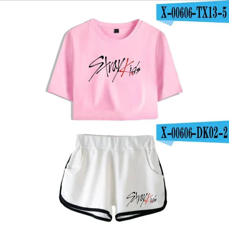 Conjuntos de verano para mujer estilo coreano KPOP Stray Kids 4MJK8E64 Top corto de manga corta + Pantalones cortos trajes deportivos chándales de dos piezas para mujer