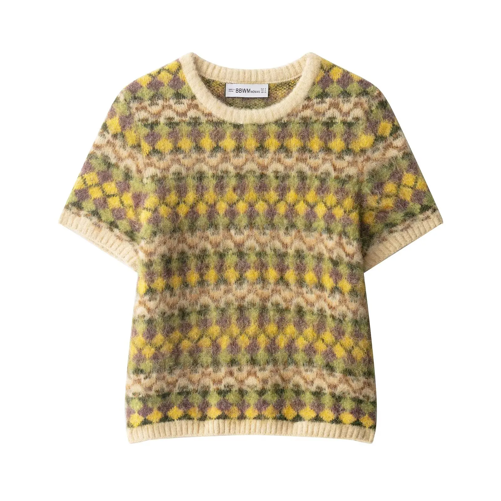 Zevity Women Vintage Short Sleeve Contrast Color Geometric Crochet Knitting Sweater Female Chic Slim Pullovers Coat Tops SW9482