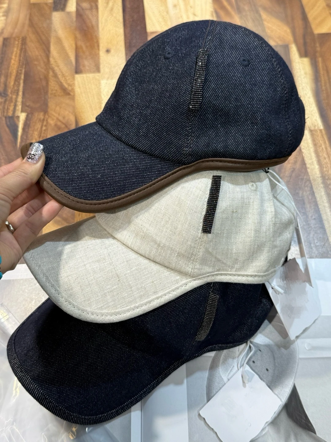 Casual Wide Brim Baseball Cap Women's Denim Bead Chain Patchwork Duckbill Hat Fashionable Face Slimming Cotton Cap for Youth