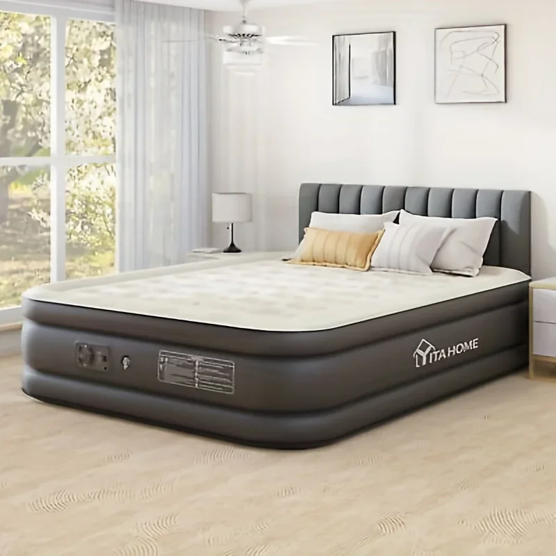 Queen Air Mattress with Built- in Pump, 18- Inch Foldable Inflatable Bed with Carry Bag and Repair Patch, Deluxe Raised Air