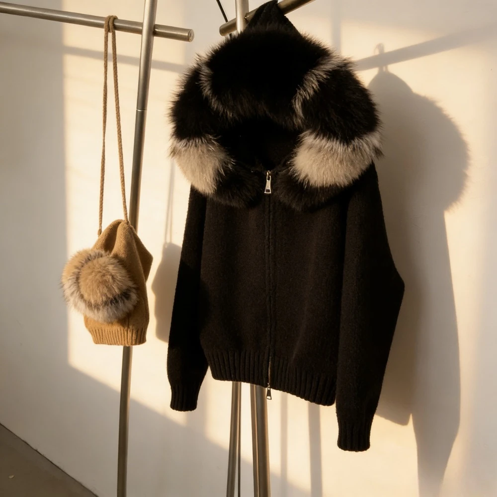 천연 여우털 여성 코트, 후드 니트 재킷, 가디건 울 스웨터, 고급 니트 재킷