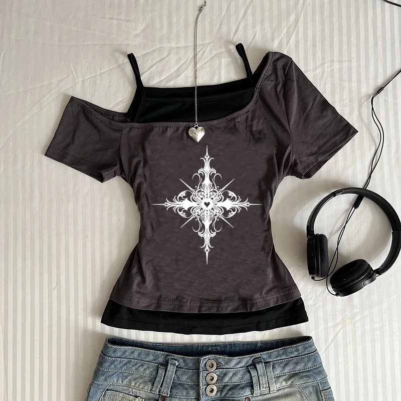 شيك Y2K جماليات ريترو الشارع الشهير المحملة Harajuku الشرير عادية سليم الاتجاه المحاصيل الأعلى القوطية الهيب هوب مثير قصيرة الأكمام المرأة تي شيرت