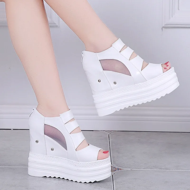 2024 Summer New Women\'s Sandals Inside Increase Thick Sole Wedge Shoes Platform Hollow-out Mesh Zip Fish Mouth High Heels 12cm