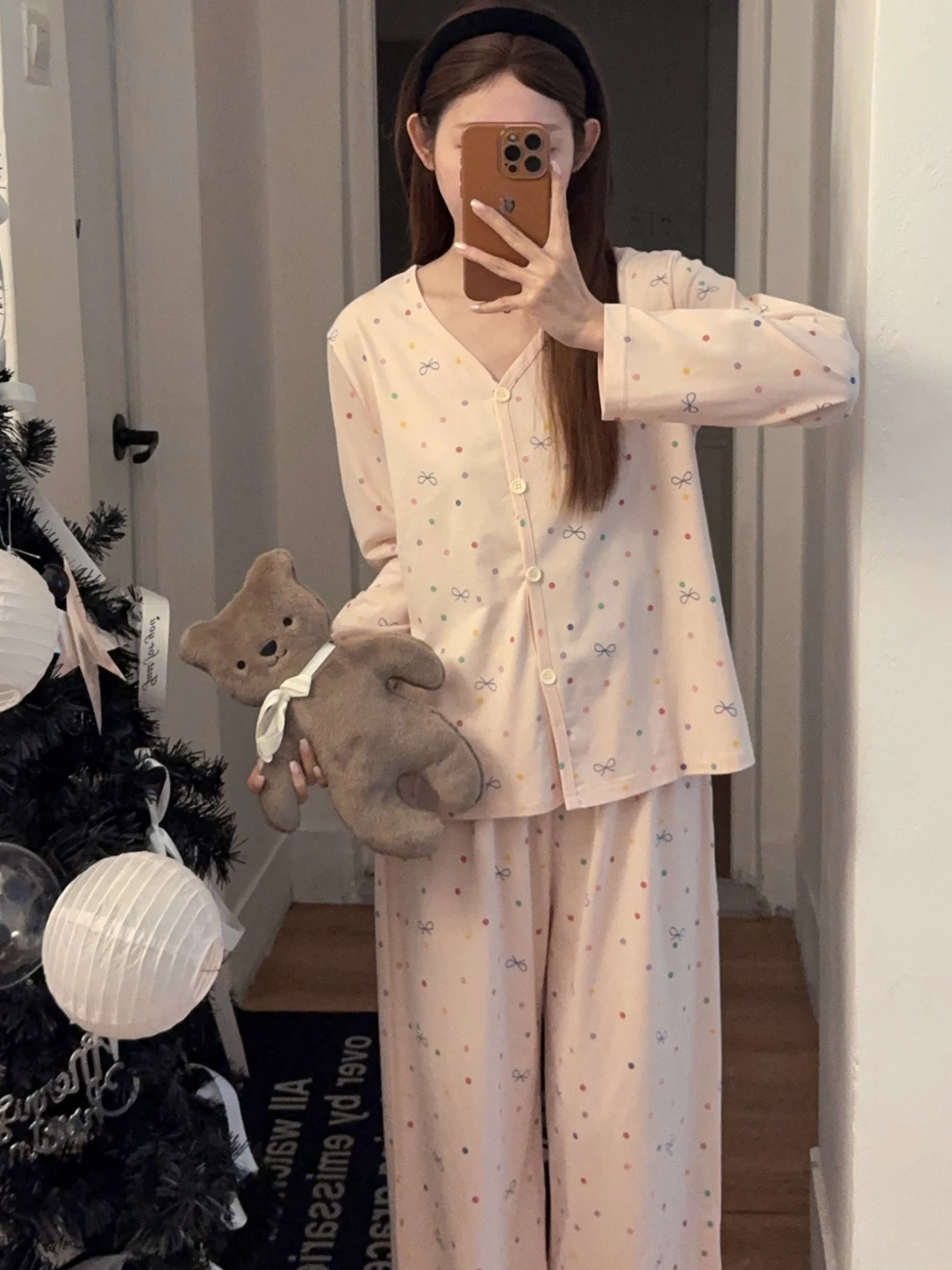 

New Women's Pure Cotton Long Sleeve Long Pants Sleepwear V-neck Open Cardigan Fitted Sweet Home Clothes Set Thin Model