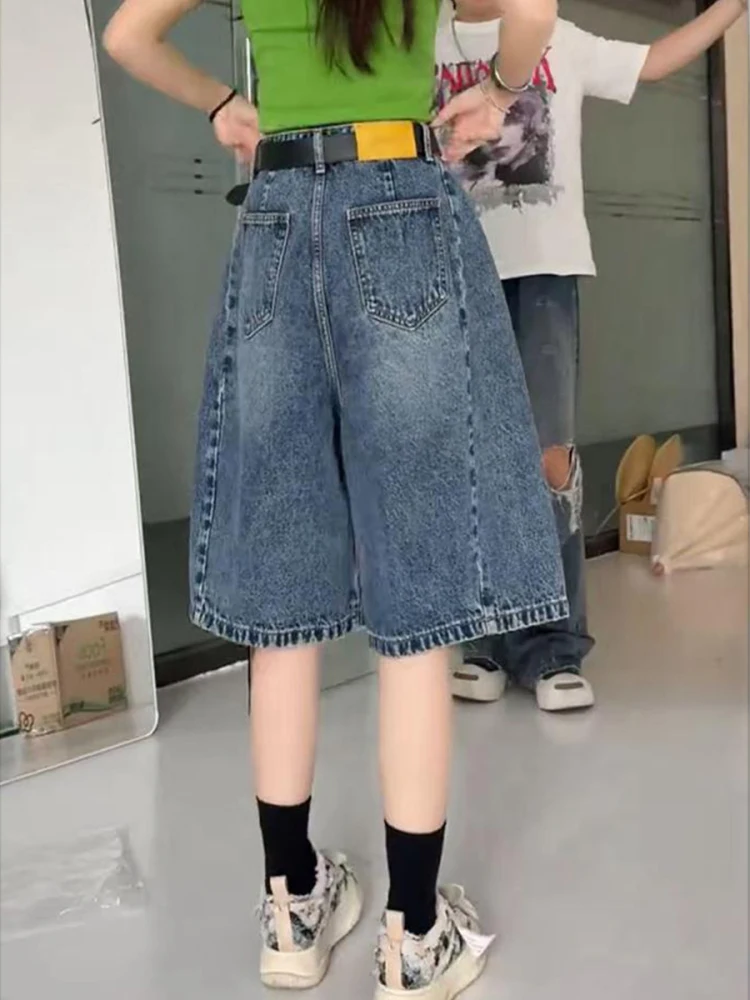 ハイウエスト A ラインブルーデニムショートパンツ女性の夏プラスサイズストレートレッグワイドレッグ 5 分丈ルーズフィットジーンズ