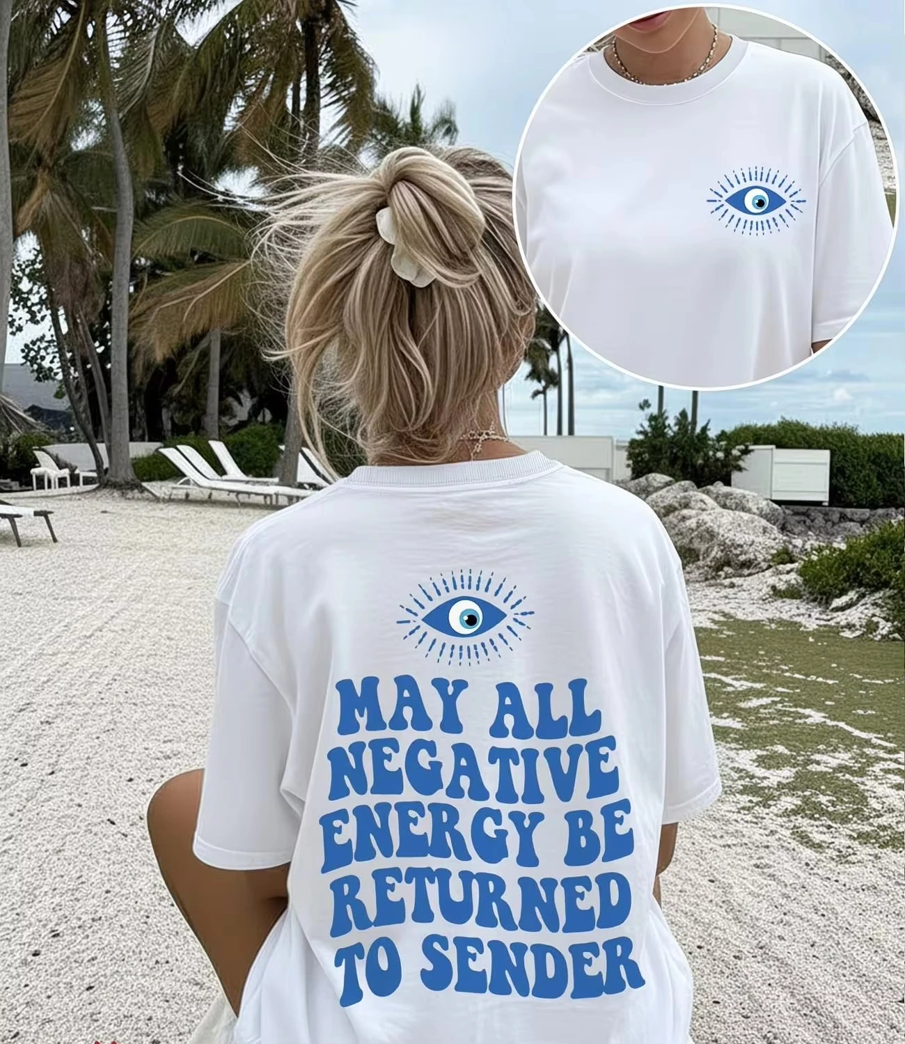 Evil Eye Graphic T Shirt May All Negative Energy Be Returned To Sender Slogan Tops Women Back Print Aesthetic Casual Summer Tee