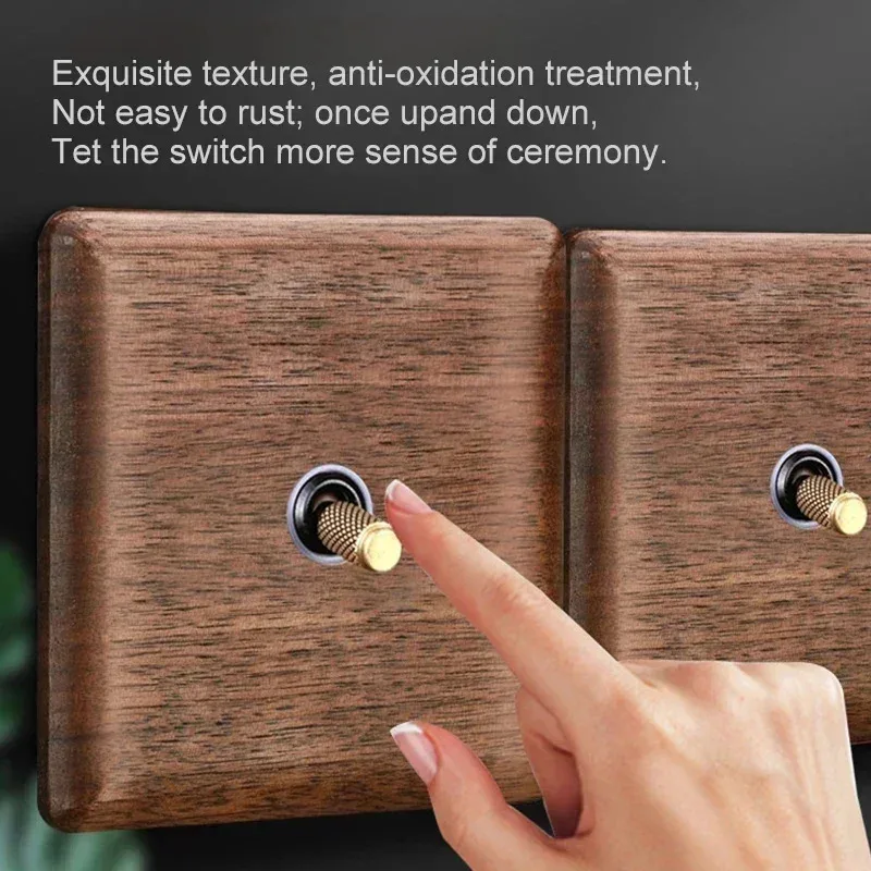 Vintage Solid Wood Toggle Switch Socket EU UK Standard Black Walnut Brass Toggle Switch LED Switch Net TV Tel Villa Hotel Office