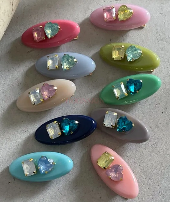 Fashionable color contrast geometric square love rhinestone hair clip with side bangs clip and duckbill clip