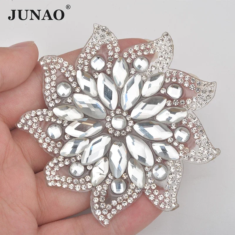 JUNAO 75mm Hotfix Clear Glass Flower Rhinestones Patches Iron On Clothes Patch Crystal Applique Strass For Wedding Dress