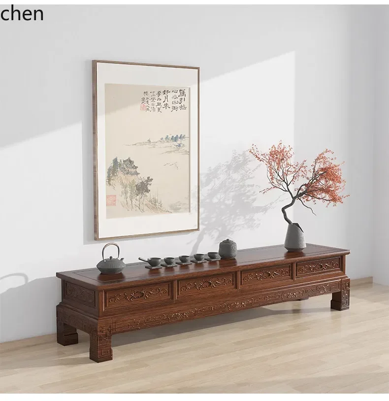 PYH Solid Wood TV Cabinet Living Room Bedroom Floor Cabinet Rosewood Antique Carved TV Cabinet Coffee Table Set