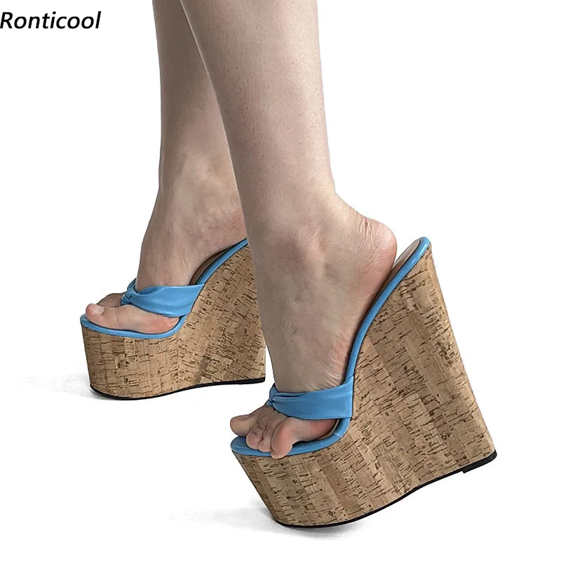

Ronticool/женские летние сабо ручной работы, сандалии на танкетке, шлепанцы на высоком каблуке, красивая небесно-голубая обувь для вечеринок, размер США, большие размеры 4-15