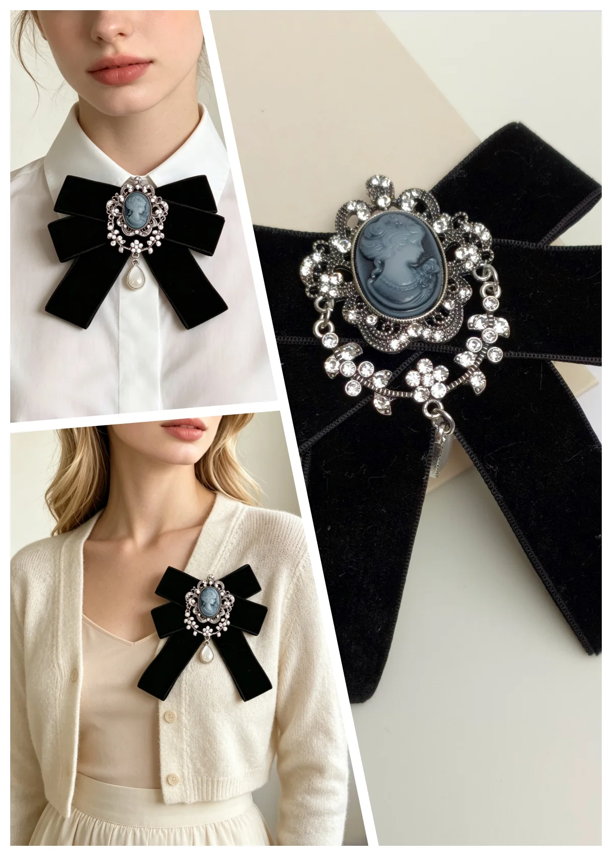Vintage Victorian-Style Black Velvet Bow Tie, Cameo Relief Portrait with Diamond-Studded Water Drop Pendant Collar Accessory, Elegant Girl's Shirt and Suit Decorative Collar Flower, Niche Accessory for Evening Parties and Wedding Photos