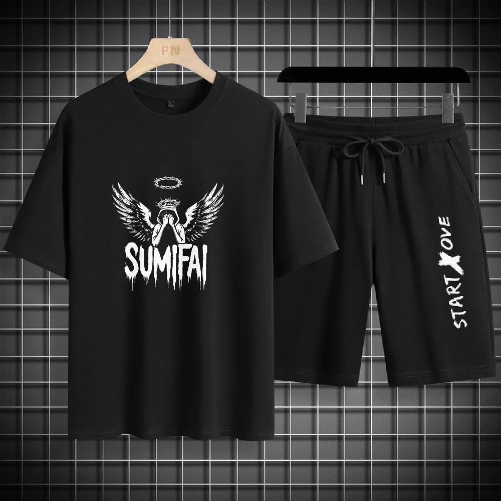 

Men Sport Two Piece Set Fashion Sports T-shirts + shorts suit summer Thin Casual Wear Comfortable White angel print tee gym sets