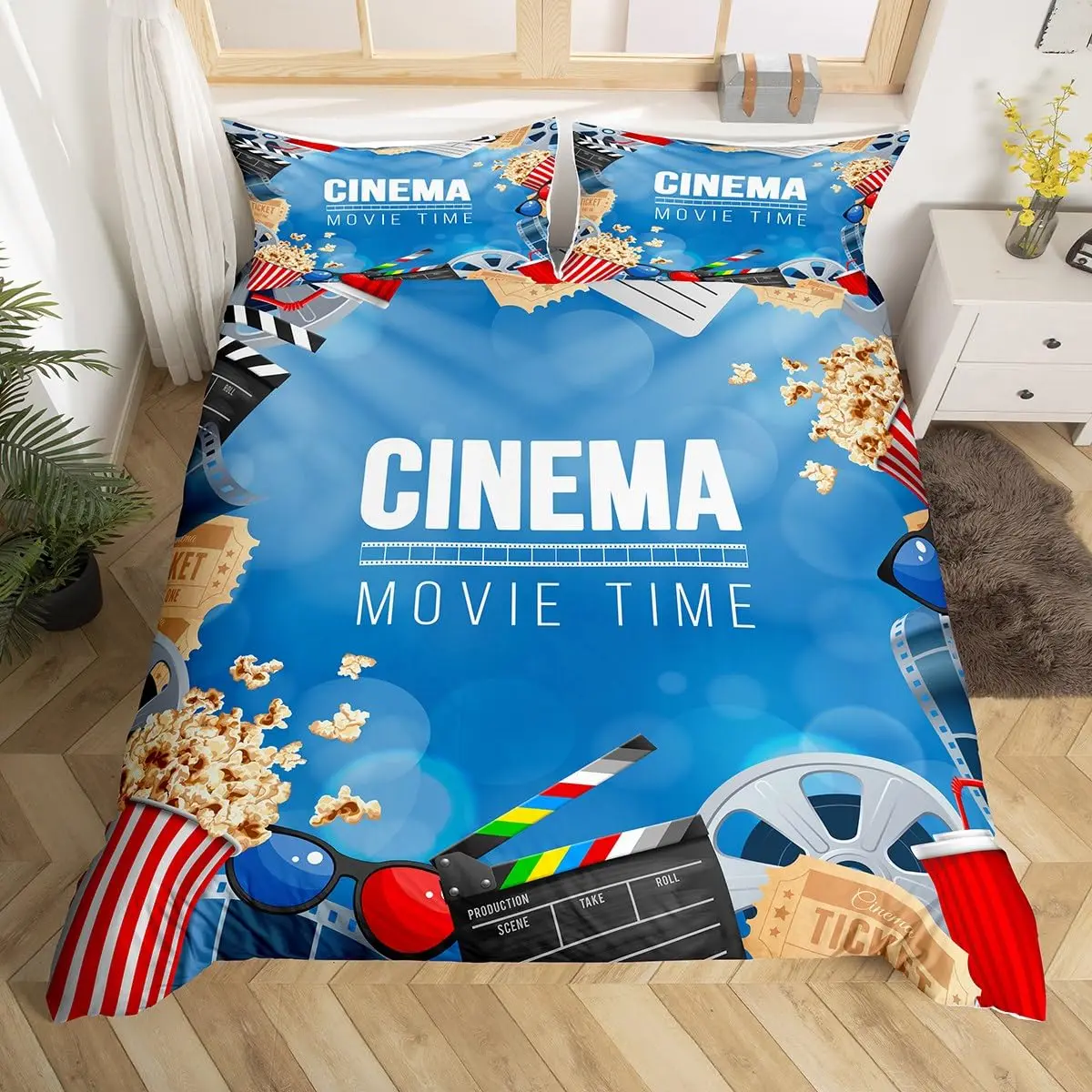

Movie Themed Bedding Set Full Queen for Boys Girls Family Home Theater Decor Vintage Comforter Cover Film Theme Duvet Cover Set